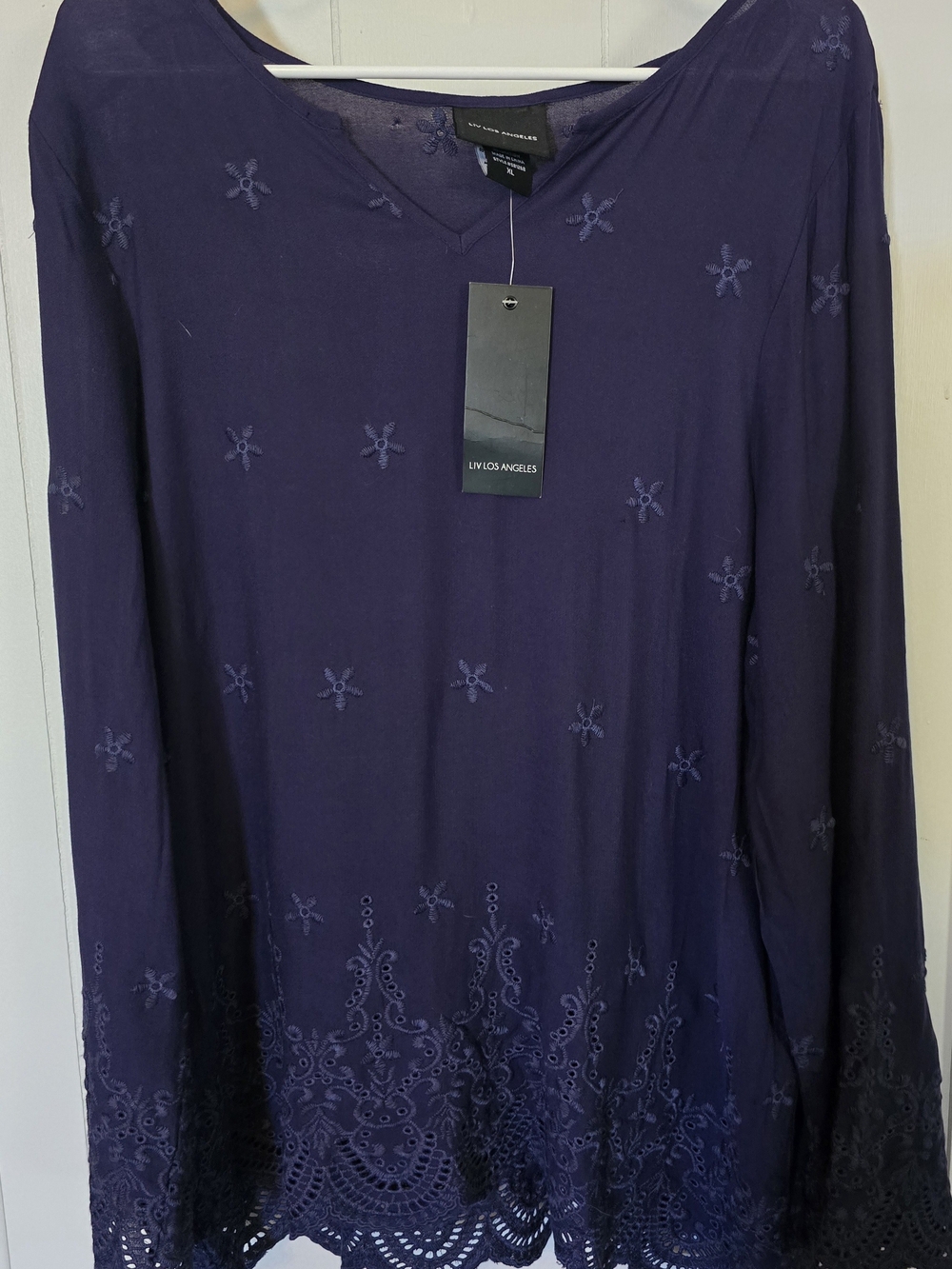 Liv Los Angeles Embroidered V-Neck Long-Sleeve Top — Deep Navy Blue